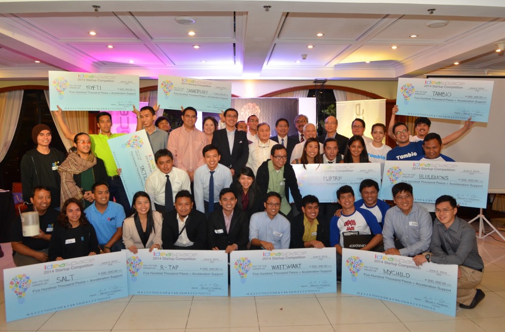 Winners of the IdeaSpace startup competition for 2014 are joined by judges led by IdeaSpace and PLDT group chairman Manuel V. Pangilinan. Ten teams will be receiving at least PhP1-million each worth ofseed funding and support under its acceleration program for technology entrepreneurs.