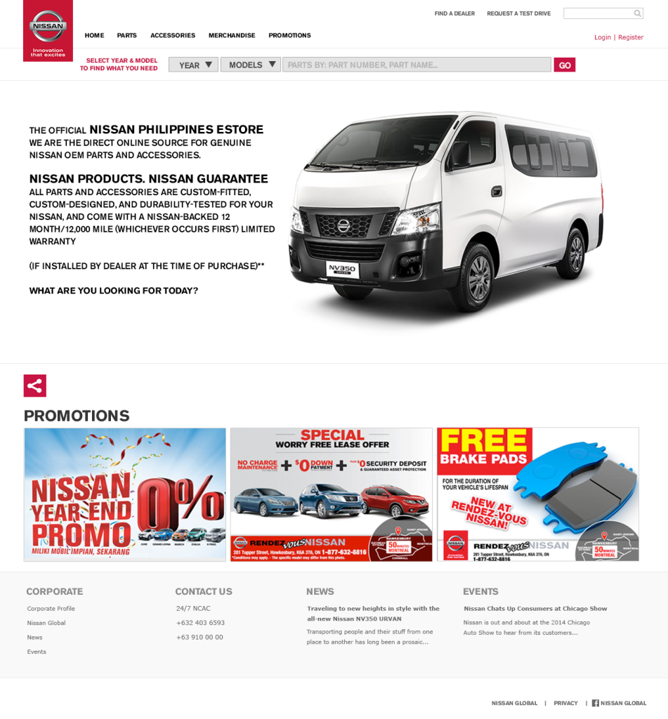The Nissan Parts Online Home Page.