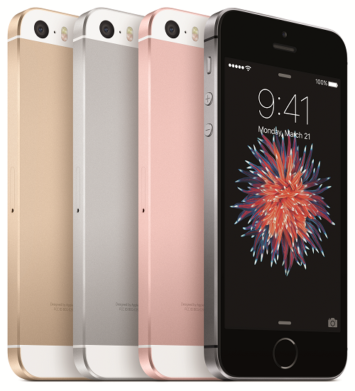 The iPhone SE features a four-inch display in a compact aluminum design that has been updated with matte-chamfered edges, a color-matched stainless steel Apple logo, and four metallic finishes, including rose gold.