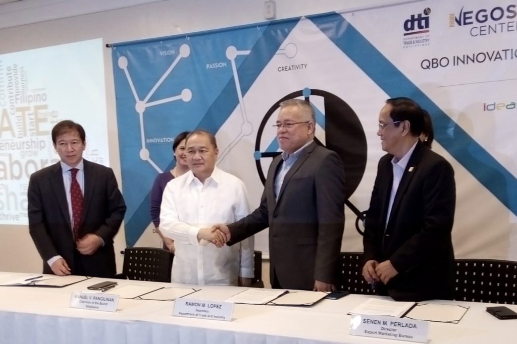 From left: Rene "Butch" Meily, Head, QBO Innovation Hub; Manuel V. Pangilinan, Head, IdeaSpace, PLDT and First Pacific; Ramon M. Lopez, DTI Secretary; and Senen M. Perlada, Director, DTI-Export Marketing Bureau 